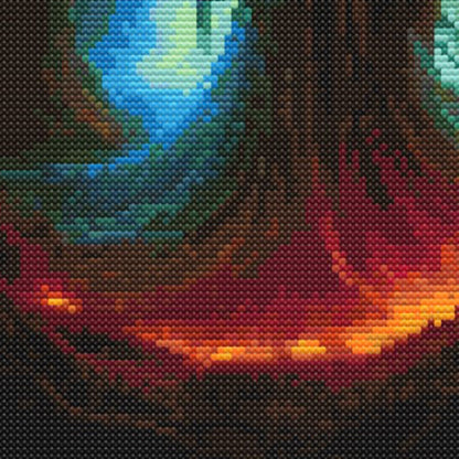 Close-up of Grim Reaper Cross Stitch Pattern showing a glowing lantern, dark red robe detail, eerie forest shadows, and gothic fantasy colour.