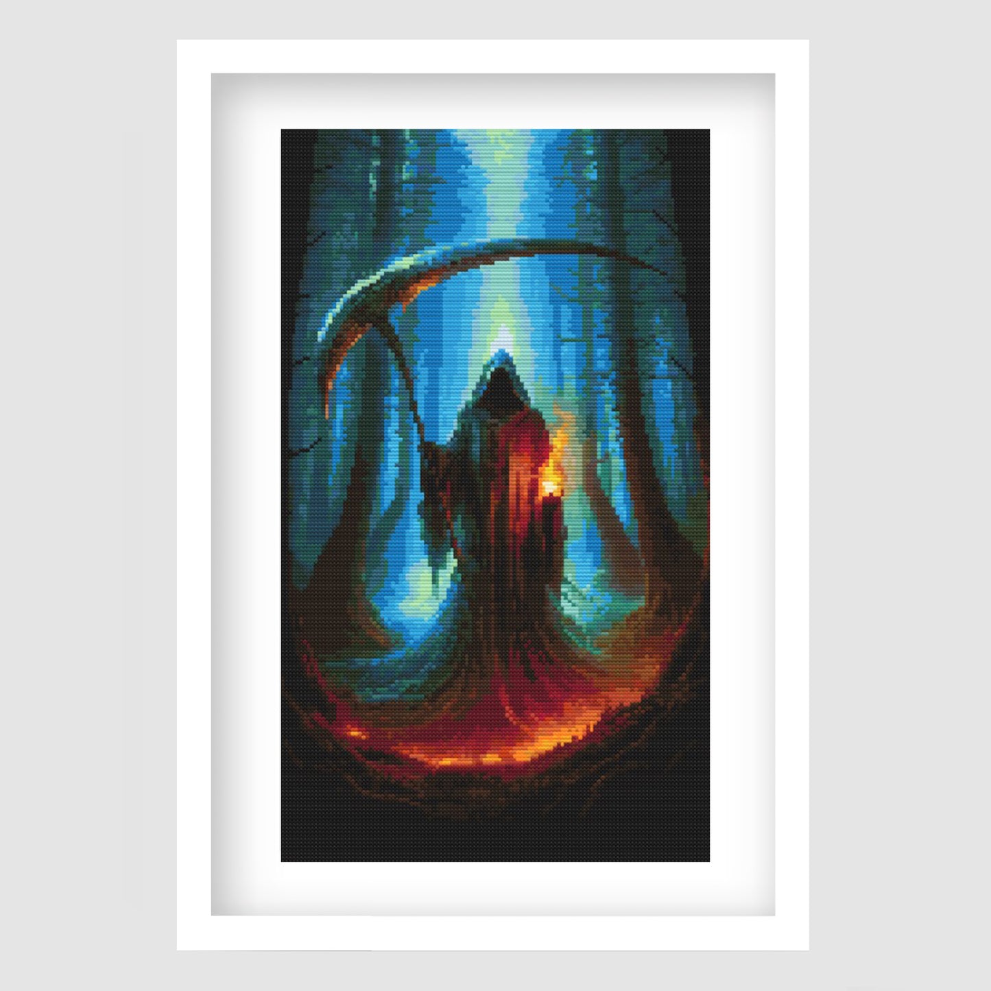 Grim Reaper Cross Stitch Pattern displayed as framed gothic wall art with a hooded reaper, scythe, glowing lantern, dark forest, and moonlit atmosphere.