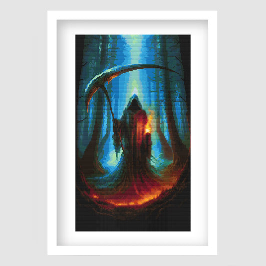 Grim Reaper Cross Stitch Pattern displayed as framed gothic wall art with a hooded reaper, scythe, glowing lantern, dark forest, and moonlit atmosphere.