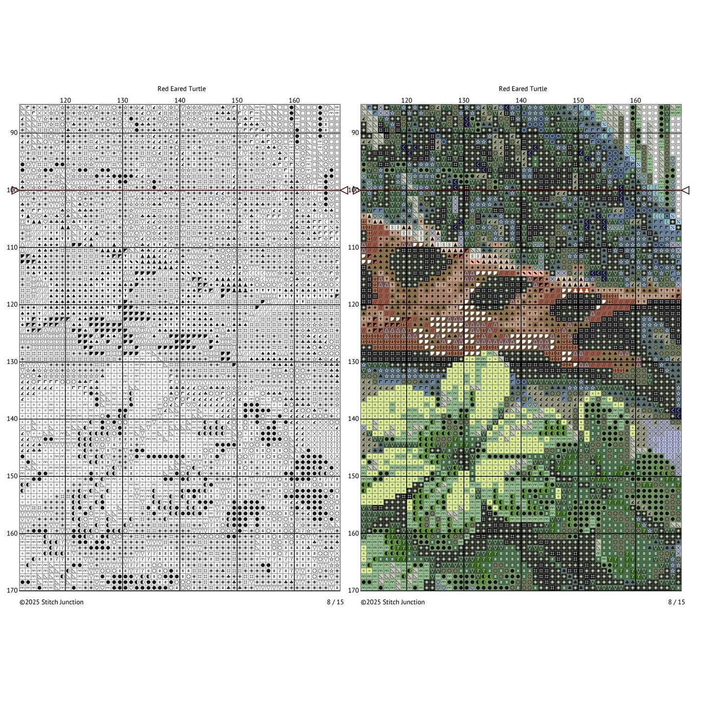 Red-Eared Slider Turtle Cross Stitch Pattern digital download chart preview with colour symbols and black-and-white symbol chart for printable counted cross stitch.