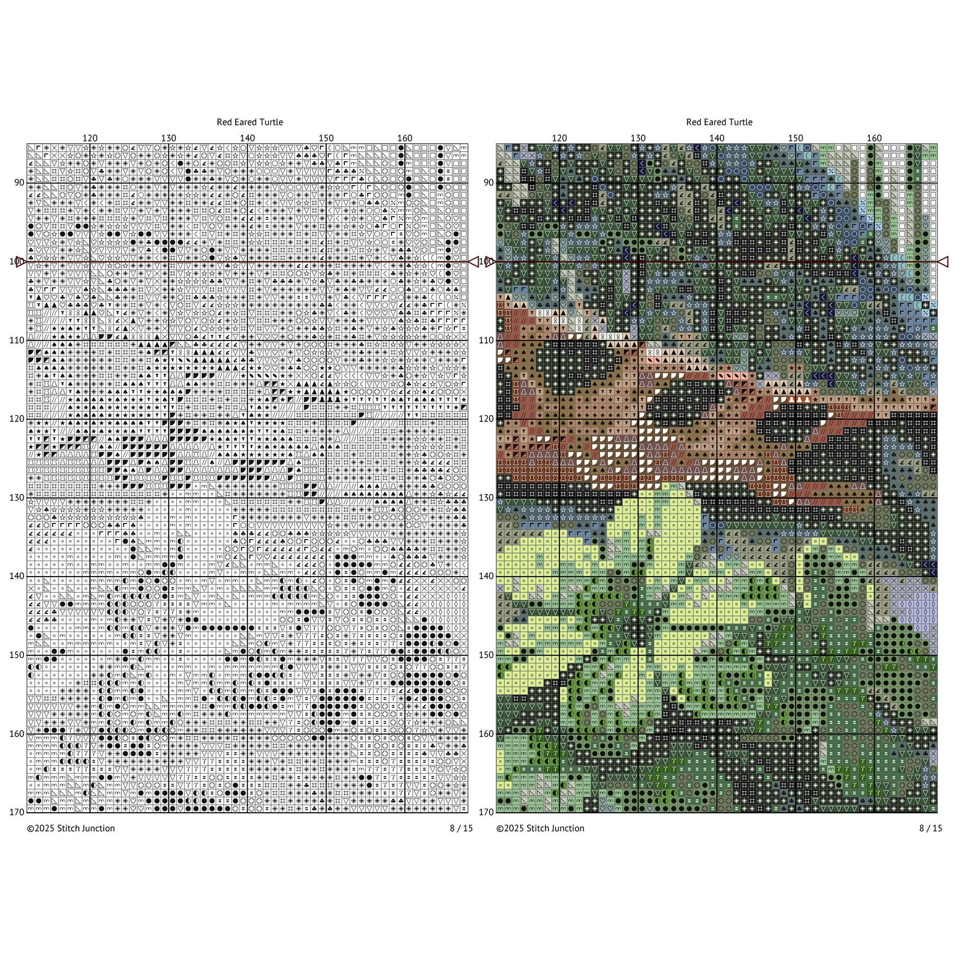 Red-Eared Slider Turtle Cross Stitch Pattern digital download chart preview with colour symbols and black-and-white symbol chart for printable counted cross stitch.
