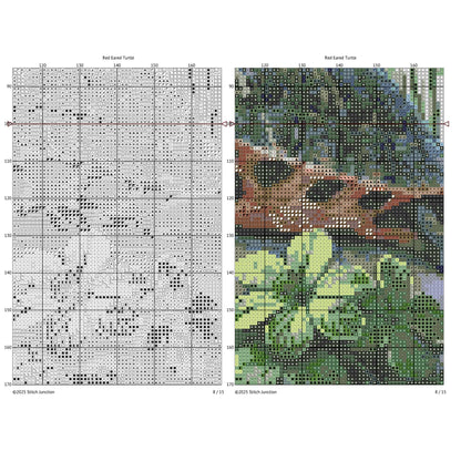 Red-Eared Slider Turtle Cross Stitch Pattern digital download chart preview with colour symbols and black-and-white symbol chart for printable counted cross stitch.