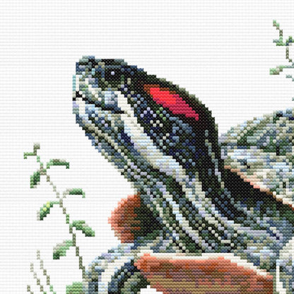 Close-up of Red-Eared Slider Turtle Cross Stitch Pattern featuring the turtle head, red ear stripe, striped neck detail, and natural reptile colouring.