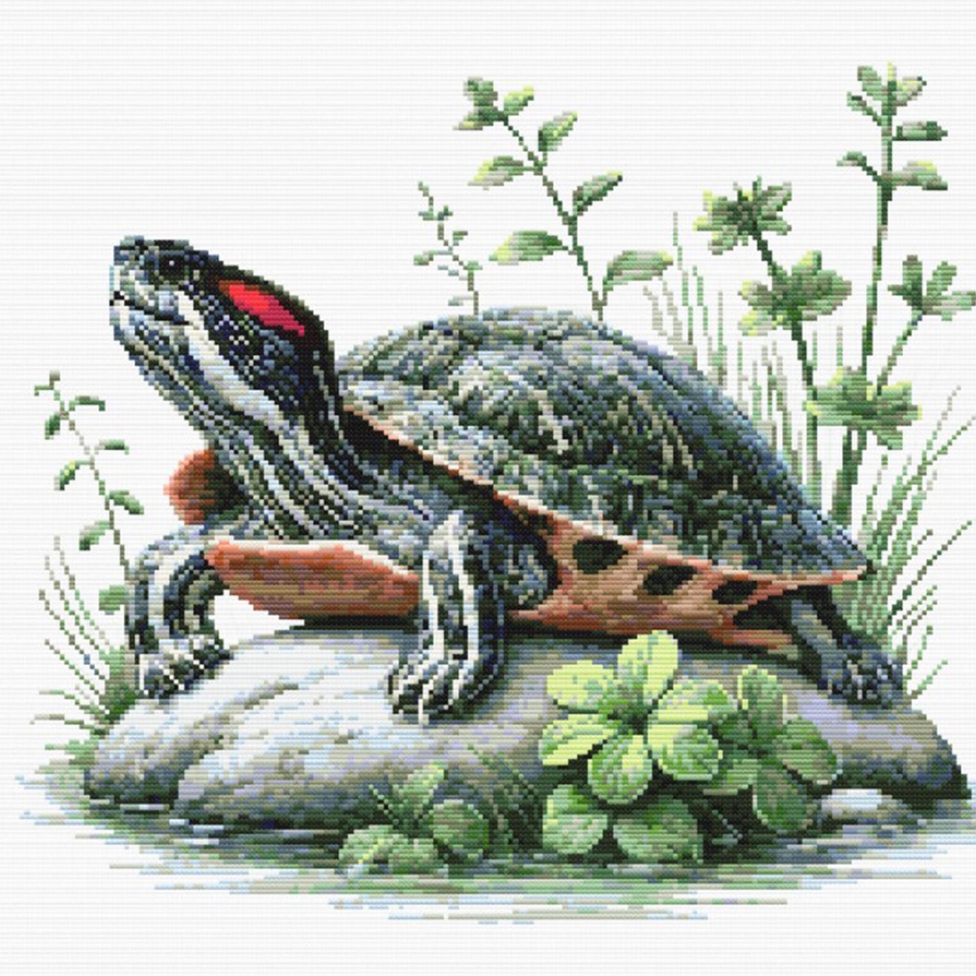 Red-Eared Slider Turtle Cross Stitch Pattern featuring a pet turtle resting on a rock ledge with red ear marking, shell texture, and green foliage.