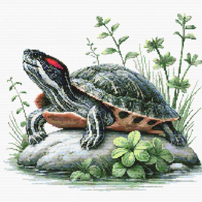 Red-Eared Slider Turtle Cross Stitch Pattern featuring a pet turtle resting on a rock ledge with red ear marking, shell texture, and green foliage.