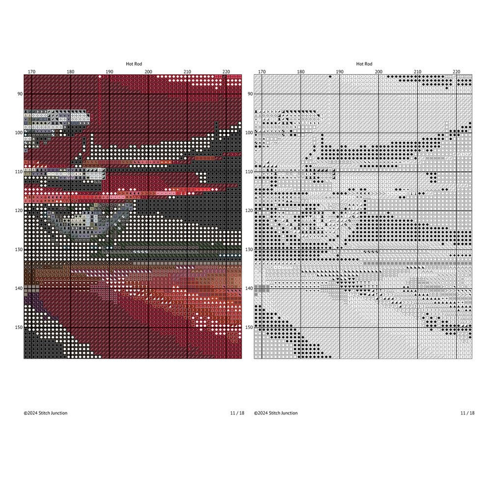 Red Hot Rod Cross Stitch Pattern digital download chart preview with colour symbols and black-and-white symbol chart for printable counted cross stitch.