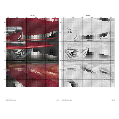 Red Hot Rod Cross Stitch Pattern digital download chart preview with colour symbols and black-and-white symbol chart for printable counted cross stitch.