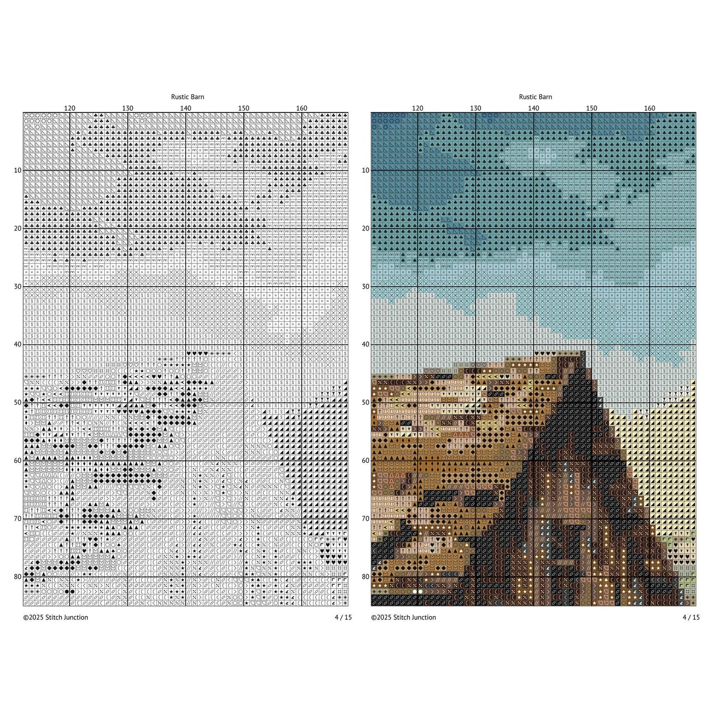 Rustic Barn Cross Stitch Pattern digital download chart preview with colour symbols and black-and-white symbol chart for printable counted cross stitch.