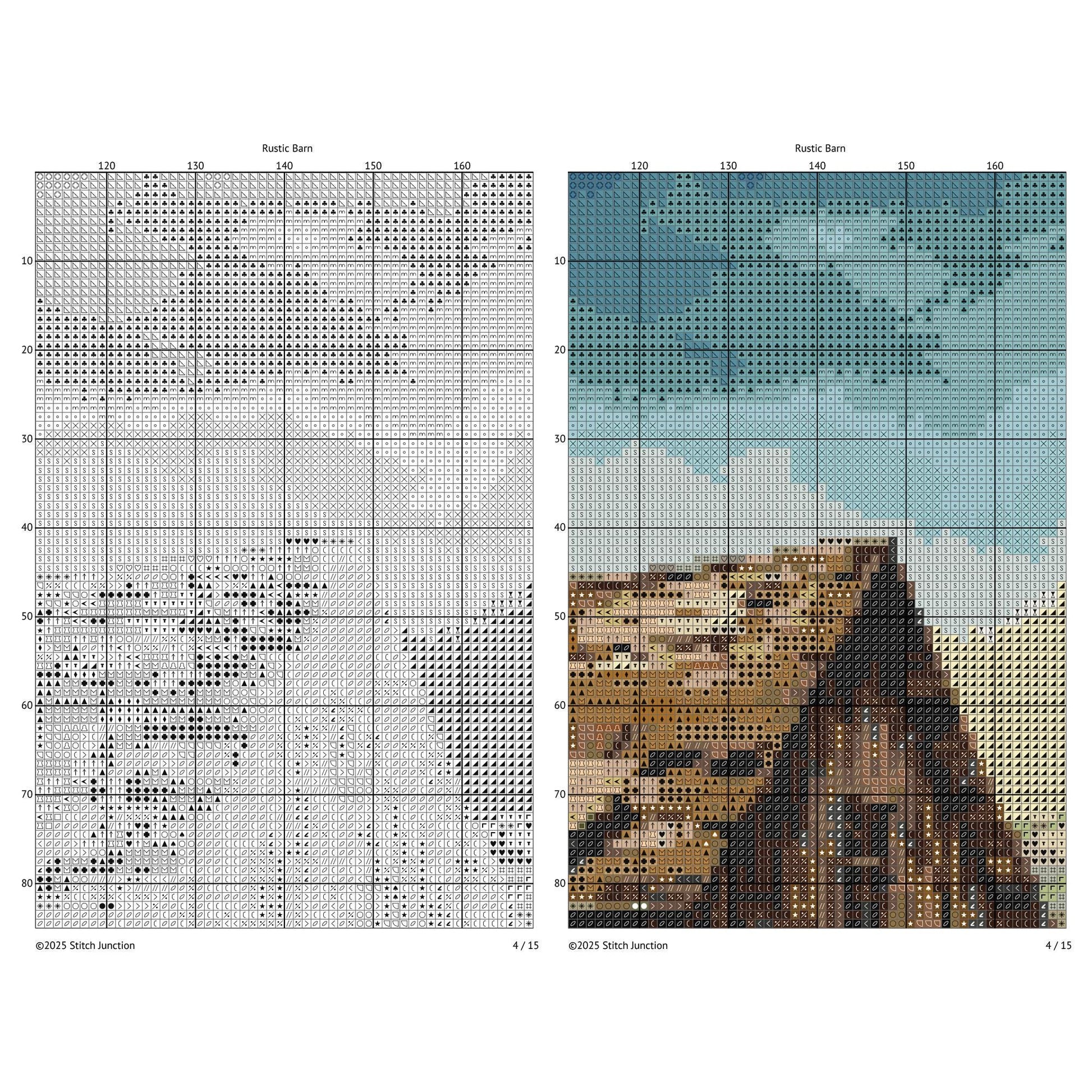 Rustic Barn Cross Stitch Pattern digital download chart preview with colour symbols and black-and-white symbol chart for printable counted cross stitch.