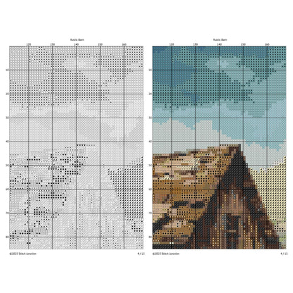 Rustic Barn Cross Stitch Pattern digital download chart preview with colour symbols and black-and-white symbol chart for printable counted cross stitch.