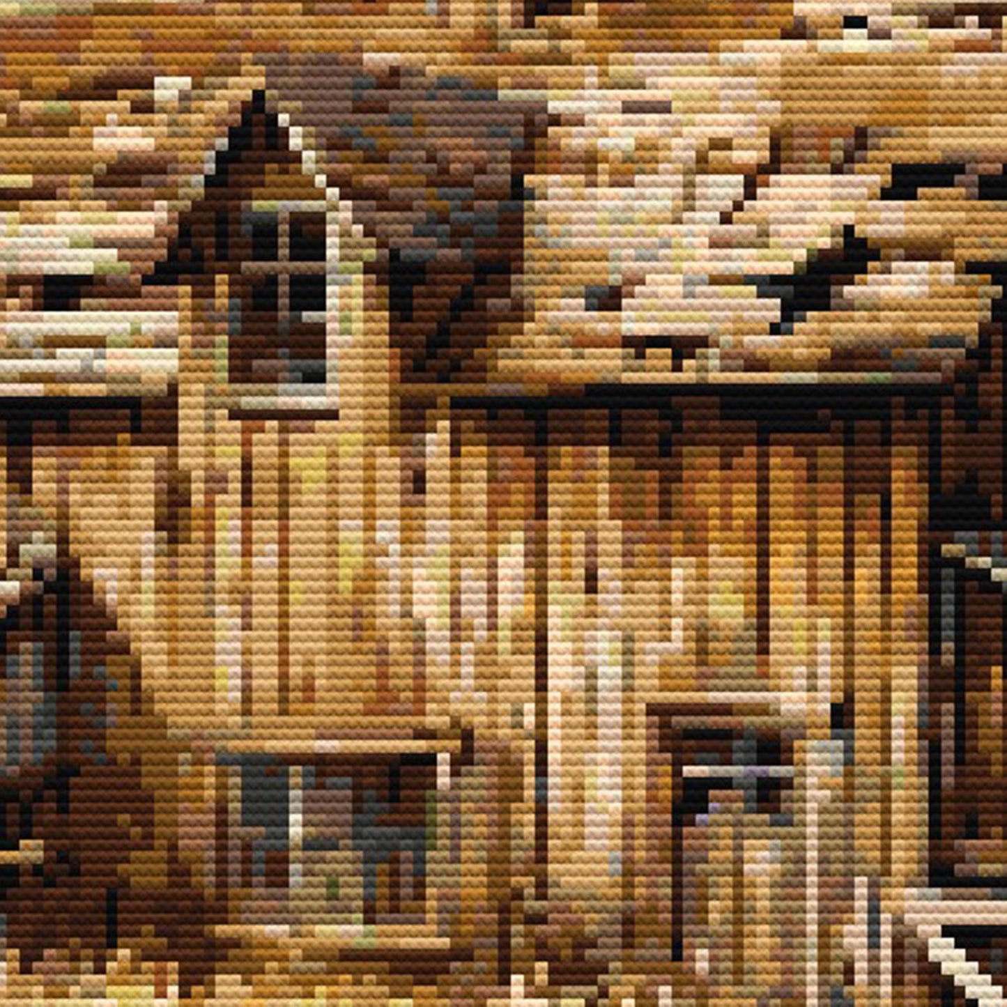 Rustic Barn Cross Stitch Pattern - digital cross stitch pattern by Stitch Close-up of Rustic Barn Cross Stitch Pattern showing weathered wooden barn texture, warm brown tones, and visible stitch detail.Junction