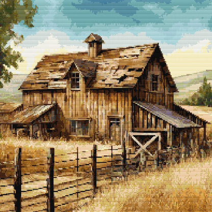 Rustic Barn Cross Stitch Pattern featuring an old countryside barn, fence posts, dry grass, and farmhouse-inspired landscape detail.