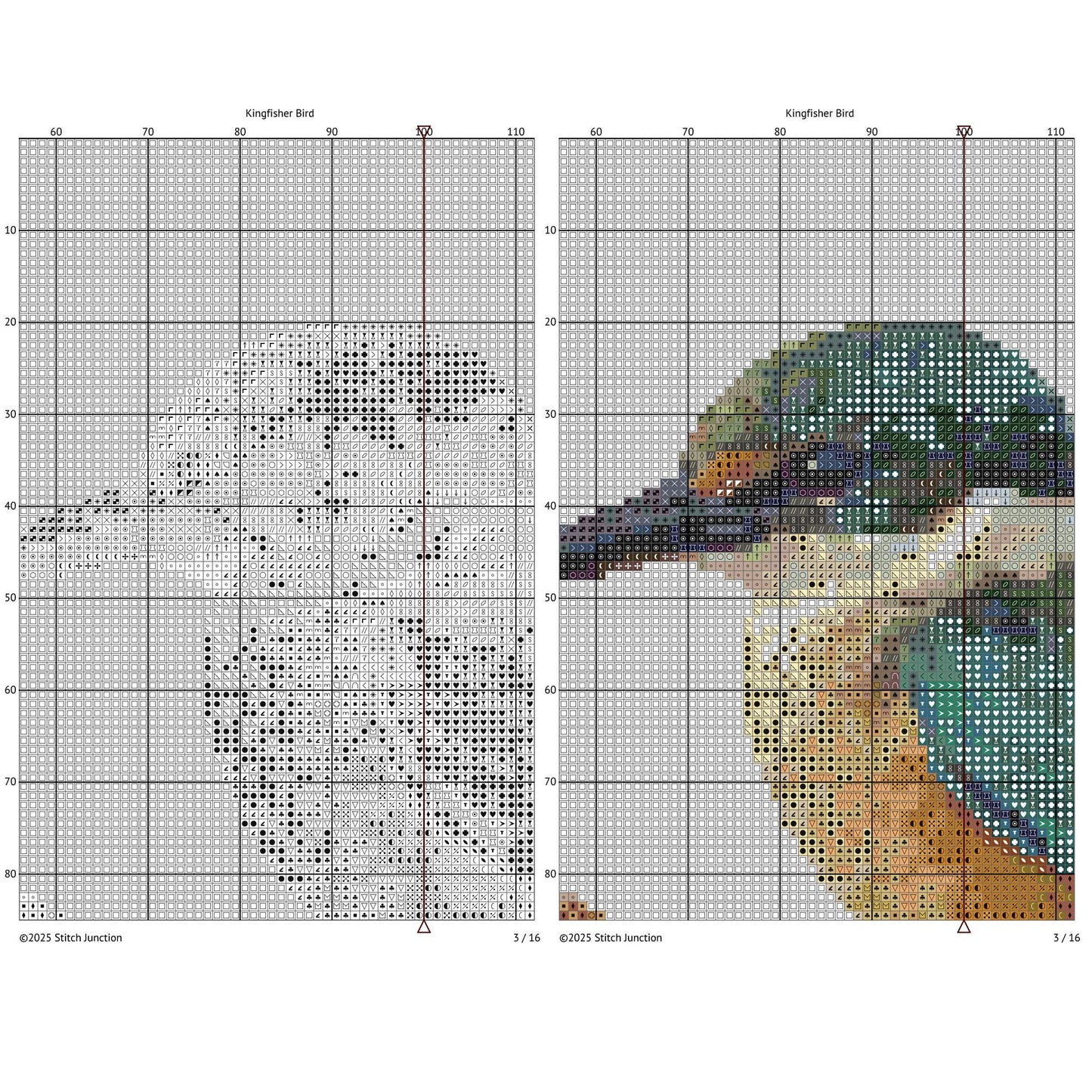 Sacred Kingfisher Kōtare Cross Stitch Pattern digital download chart preview with colour symbols and black-and-white symbol chart for printable counted cross stitch.