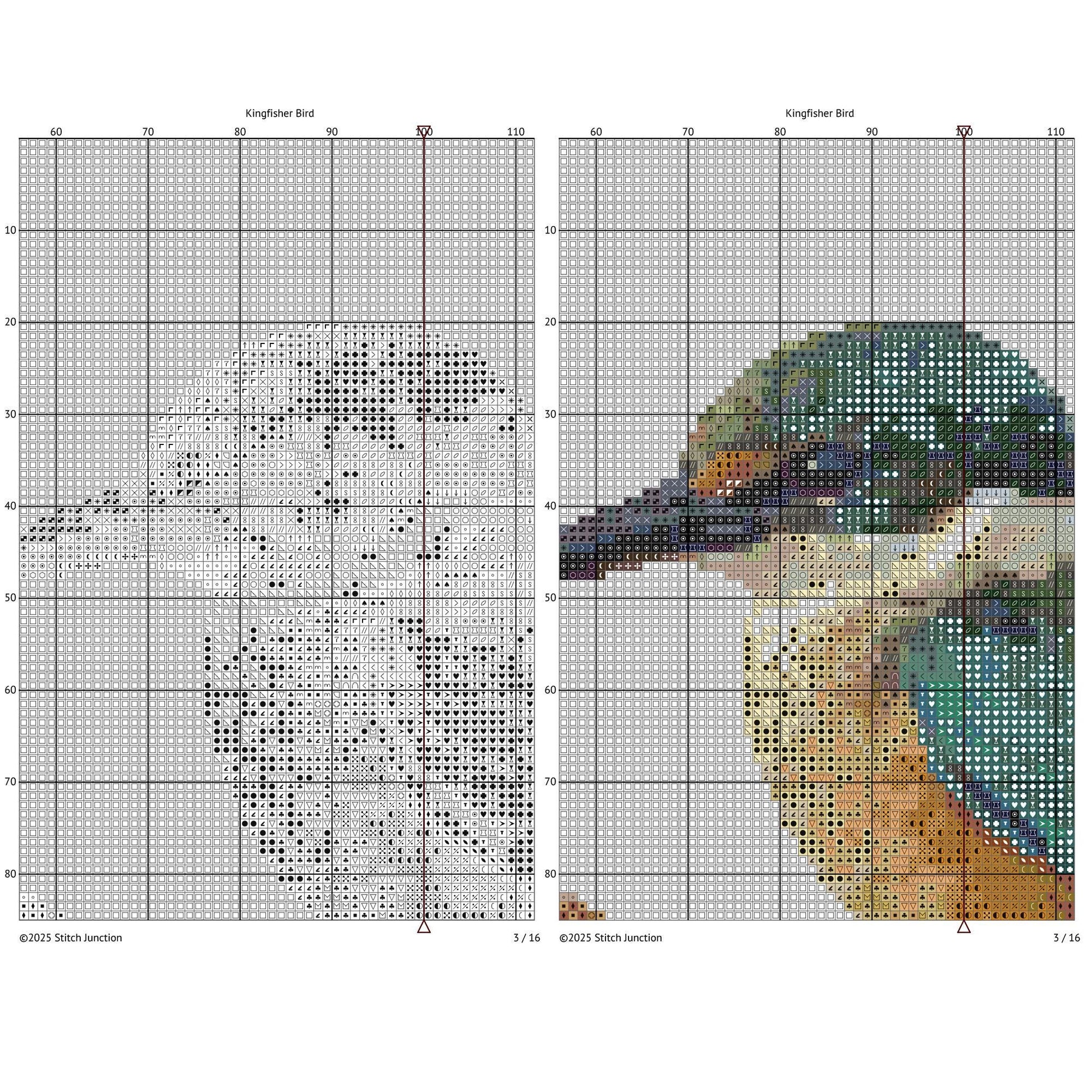 Sacred Kingfisher Kōtare Cross Stitch Pattern digital download chart preview with colour symbols and black-and-white symbol chart for printable counted cross stitch.