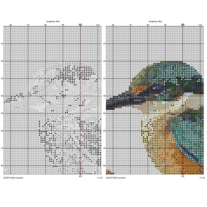 Sacred Kingfisher Kōtare Cross Stitch Pattern digital download chart preview with colour symbols and black-and-white symbol chart for printable counted cross stitch.