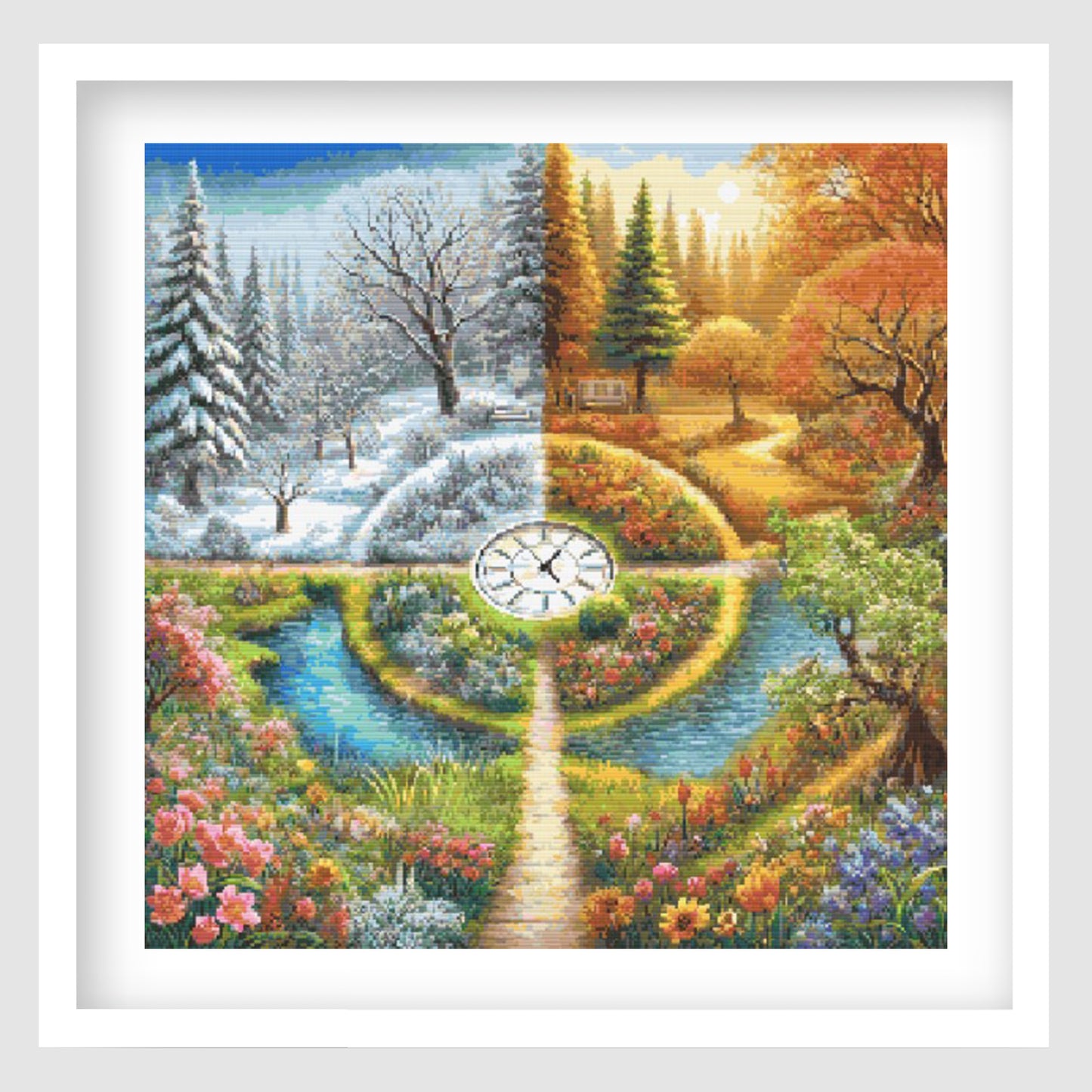 Four-seasons landscape cross stitch with a clock in the center, surrounded by trees and flowers.