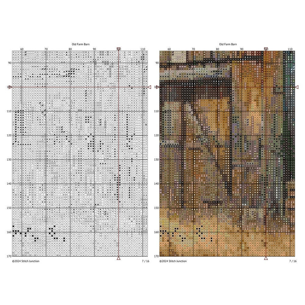 A Rustic Barn Cross Stitch Pattern chart, showing the plot lines and symbols.