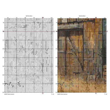A Rustic Barn Cross Stitch Pattern chart, showing the plot lines and symbols.