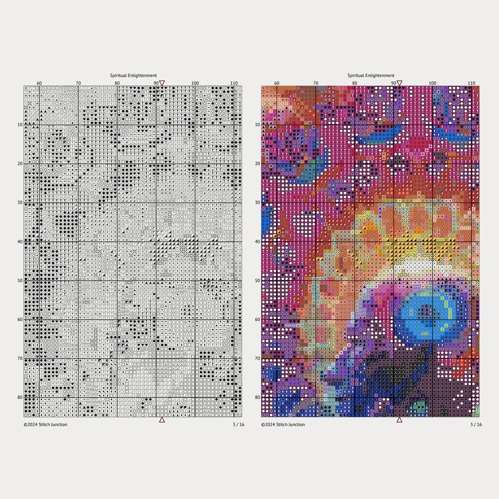 Spiritual Enlightenment Cross Stitch Pattern digital download chart preview with colour symbols and black-and-white symbol chart for printable counted cross stitch.