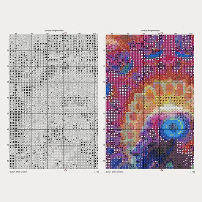 Spiritual Enlightenment Cross Stitch Pattern digital download chart preview with colour symbols and black-and-white symbol chart for printable counted cross stitch.