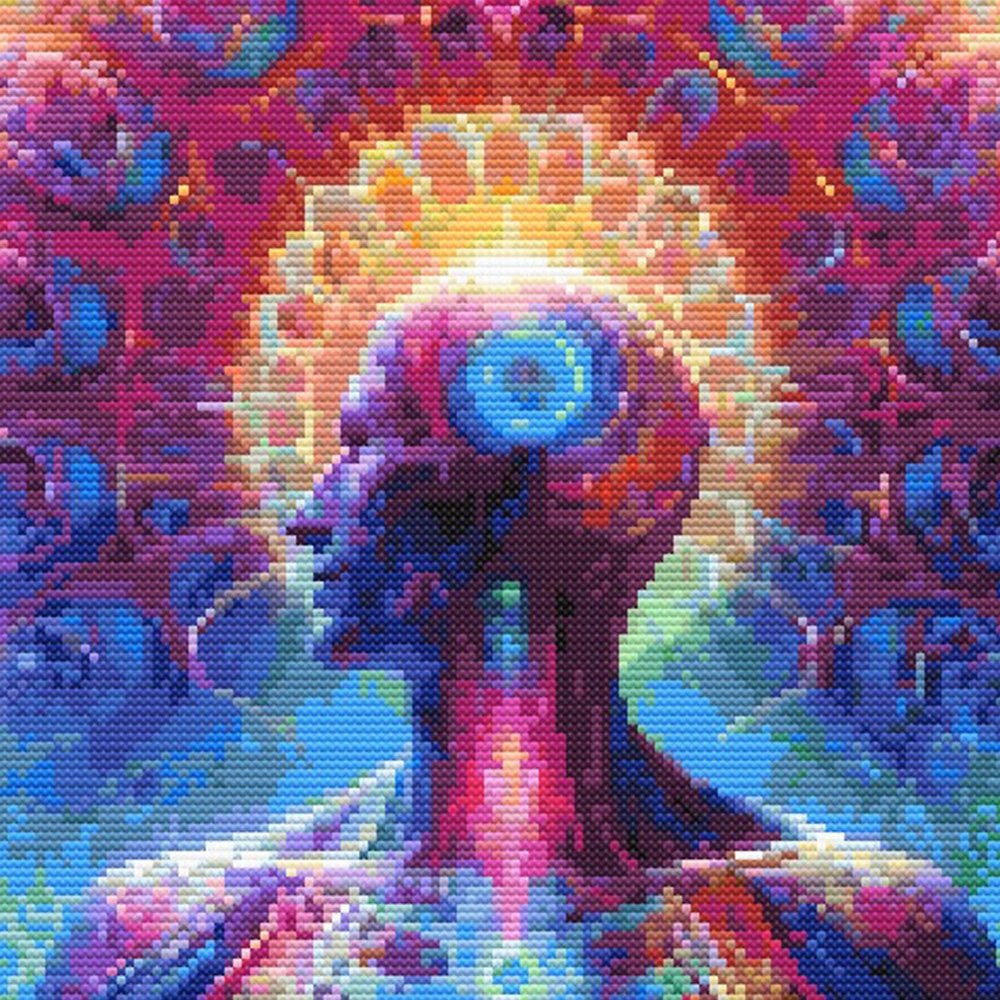 Close-up of Spiritual Enlightenment Cross Stitch Pattern showing radiant halo detail, vivid cosmic colours, and spiritual energy artwork.