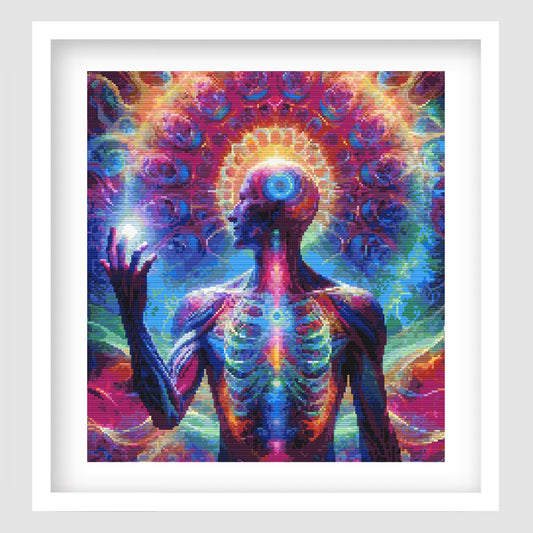 Spiritual Enlightenment Cross Stitch Pattern displayed as framed wall art with a meditative figure, radiant mandala halo, vivid colour, and cosmic energy detail.