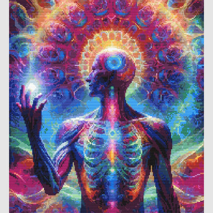 Spiritual Enlightenment Cross Stitch Pattern featuring a meditative figure with a radiant halo, chakra-inspired colour, and spiritual wall art detail.