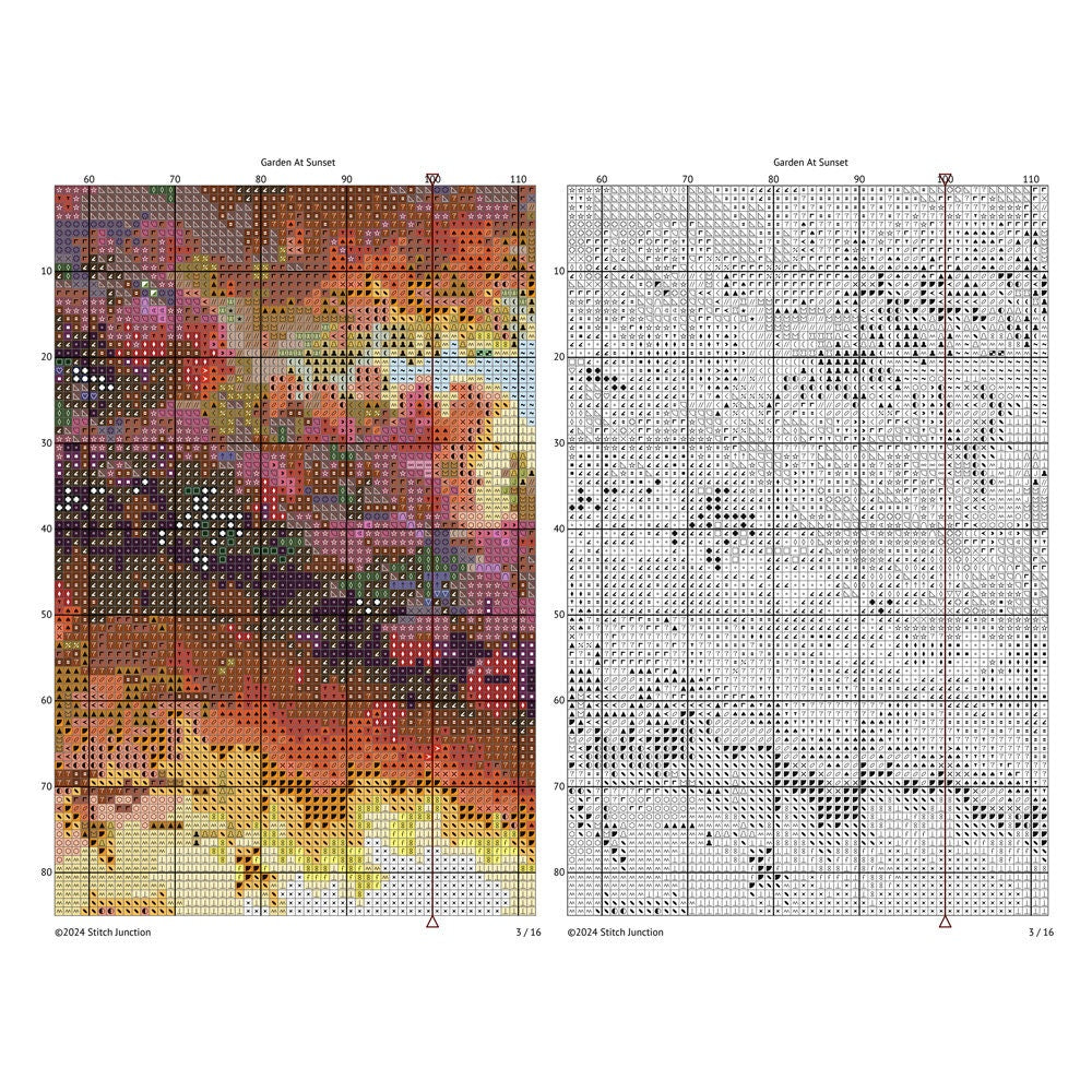 Two cross-stitch pattern grids, one colorful and one black and white, on a white background.