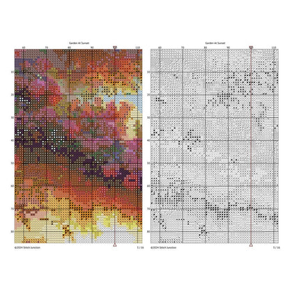 Two cross-stitch pattern grids, one colorful and one black and white, on a white background.