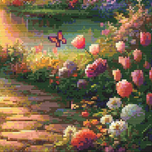 A close up of Summer Sunset Garden cross Stitch Pattern, Serene Landscape, digital download