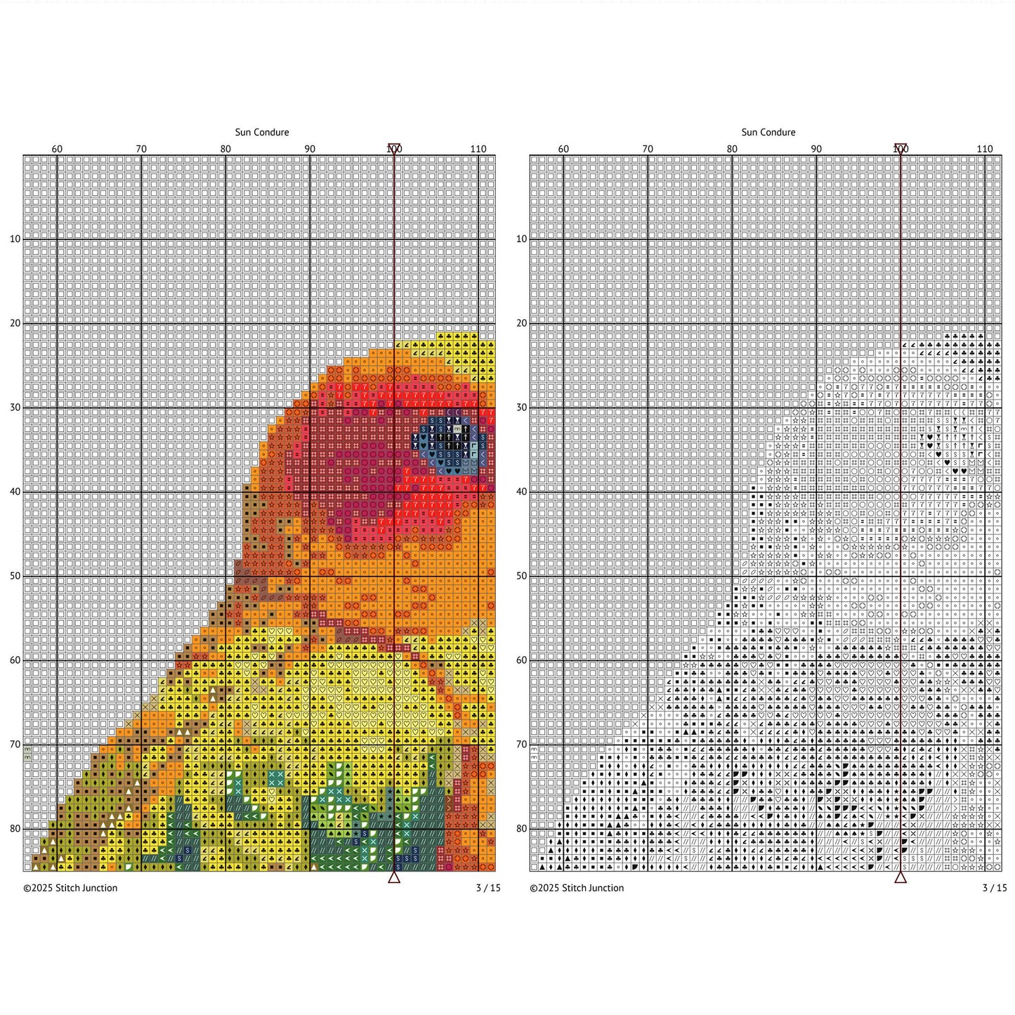 Sun Conure Cross Stitch Pattern digital download chart preview with colour symbols and black-and-white symbol chart for printable counted cross stitch.