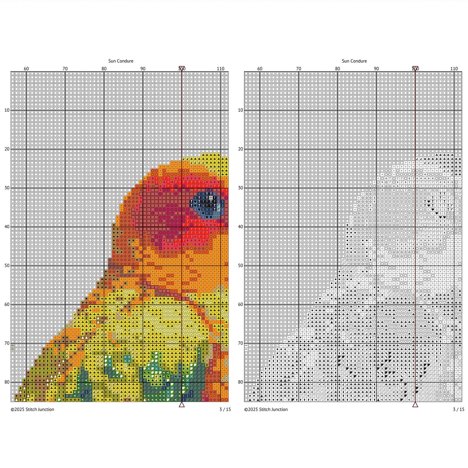 Sun Conure Cross Stitch Pattern digital download chart preview with colour symbols and black-and-white symbol chart for printable counted cross stitch.