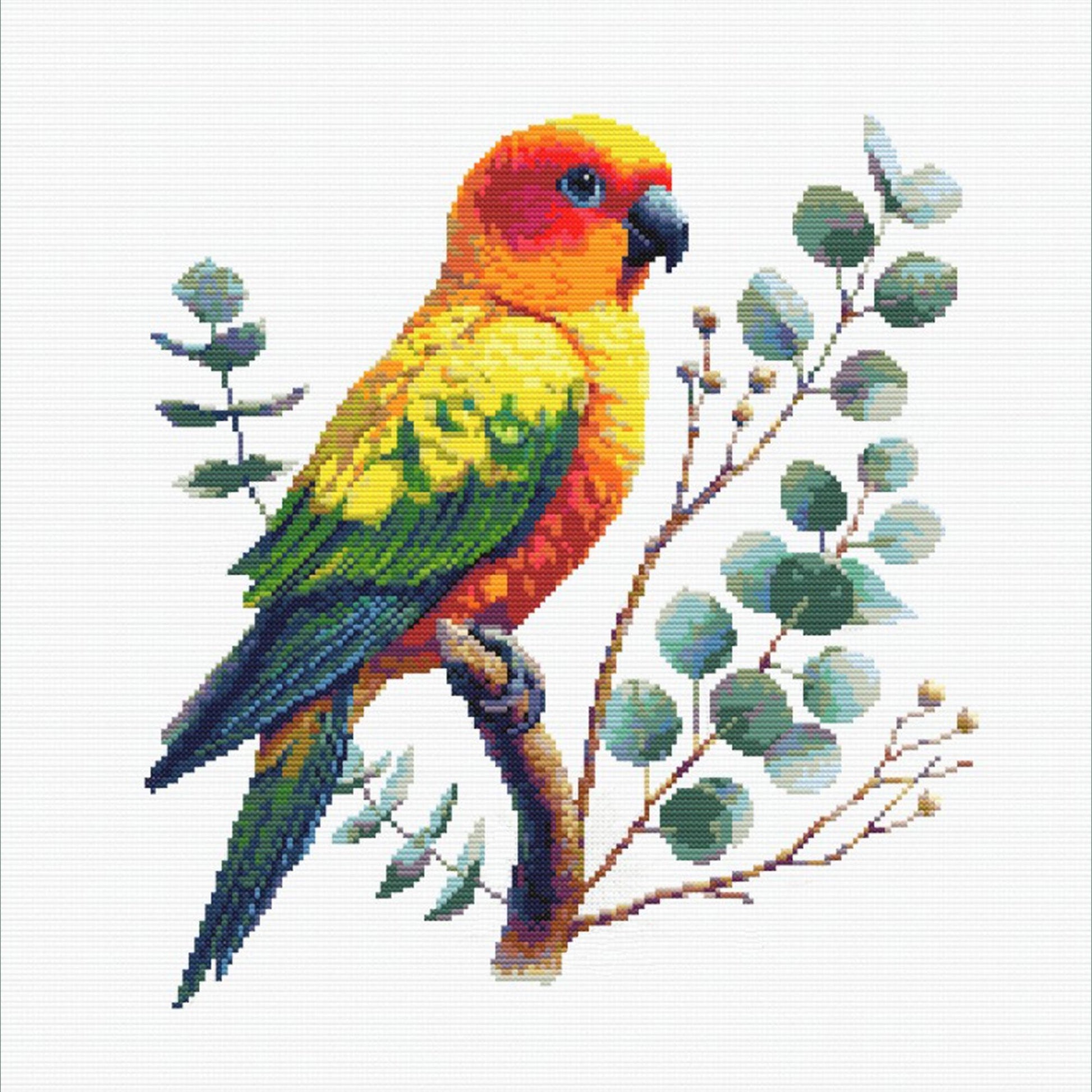 Sun Conure Cross Stitch Pattern featuring a colourful rainbow parrot perched with leafy branches and tropical bird detail.