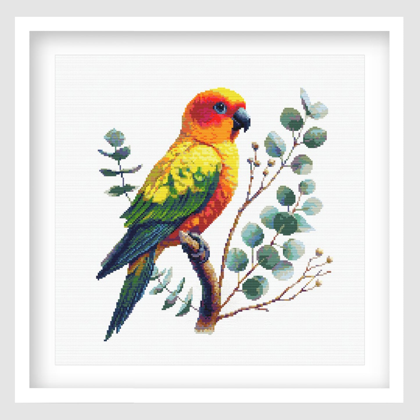 Sun Conure Cross Stitch Pattern displayed as framed wall art with a bright tropical parrot, rainbow feather detail, leafy branch, and vivid bird colour.