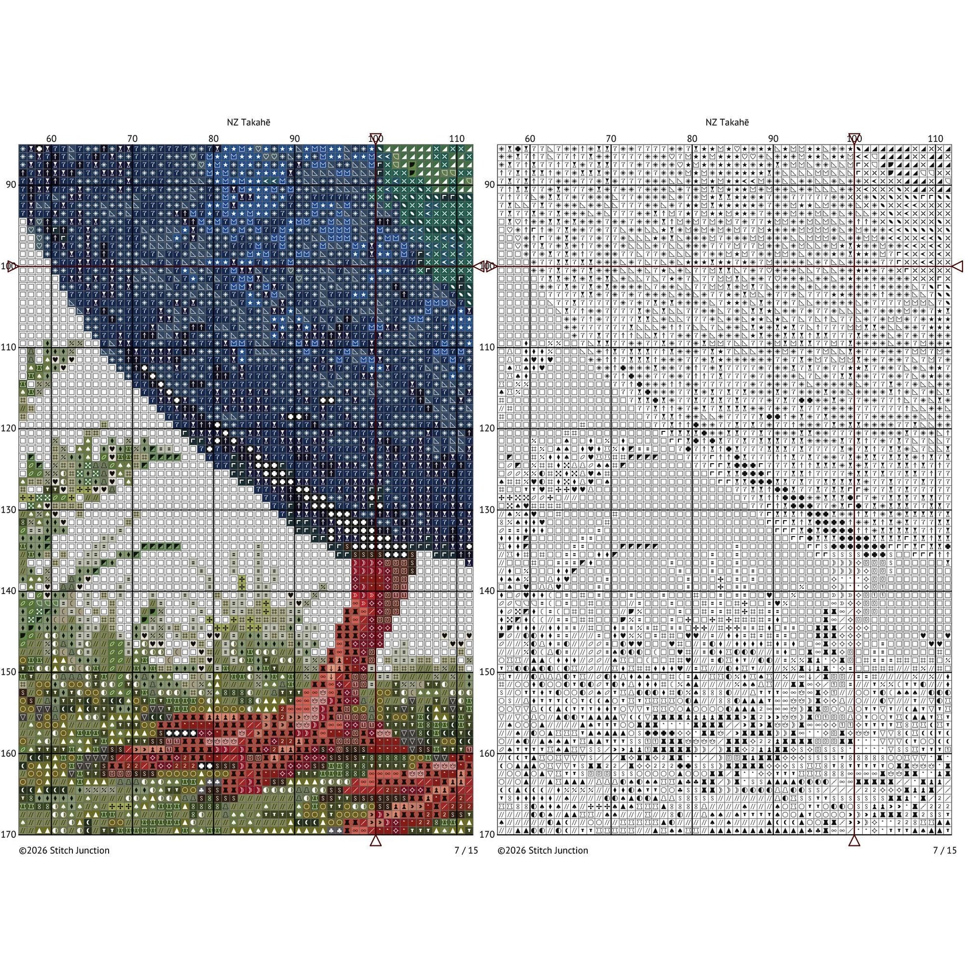 Takahē Cross Stitch Pattern digital download chart preview with colour symbols and black-and-white symbol chart for printable counted cross stitch.