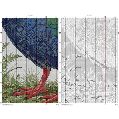 Takahē Cross Stitch Pattern digital download chart preview with colour symbols and black-and-white symbol chart for printable counted cross stitch.