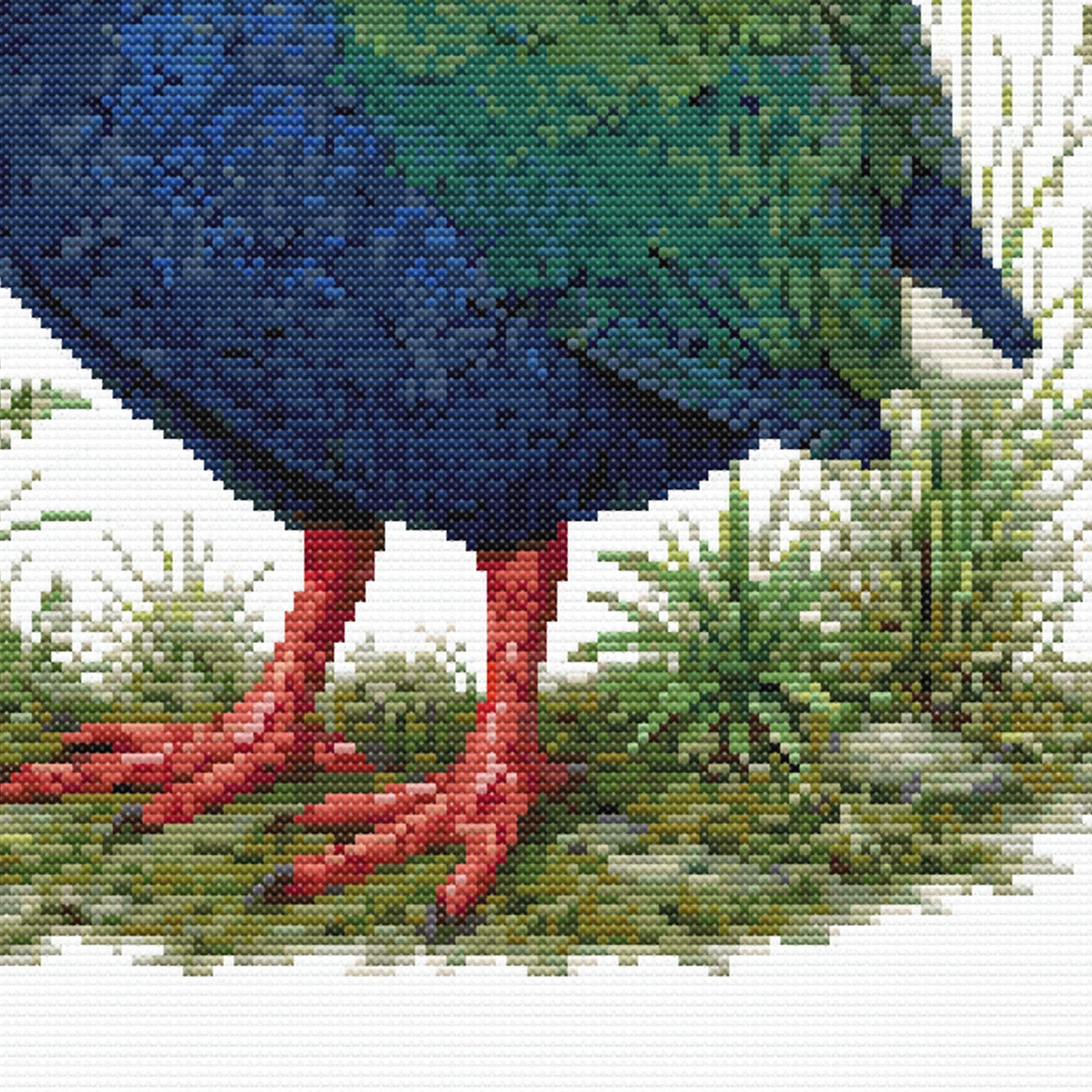 Close-up of Takahē Cross Stitch Pattern showing blue and green plumage, red legs, grass detail, and natural New Zealand bird colouring.
