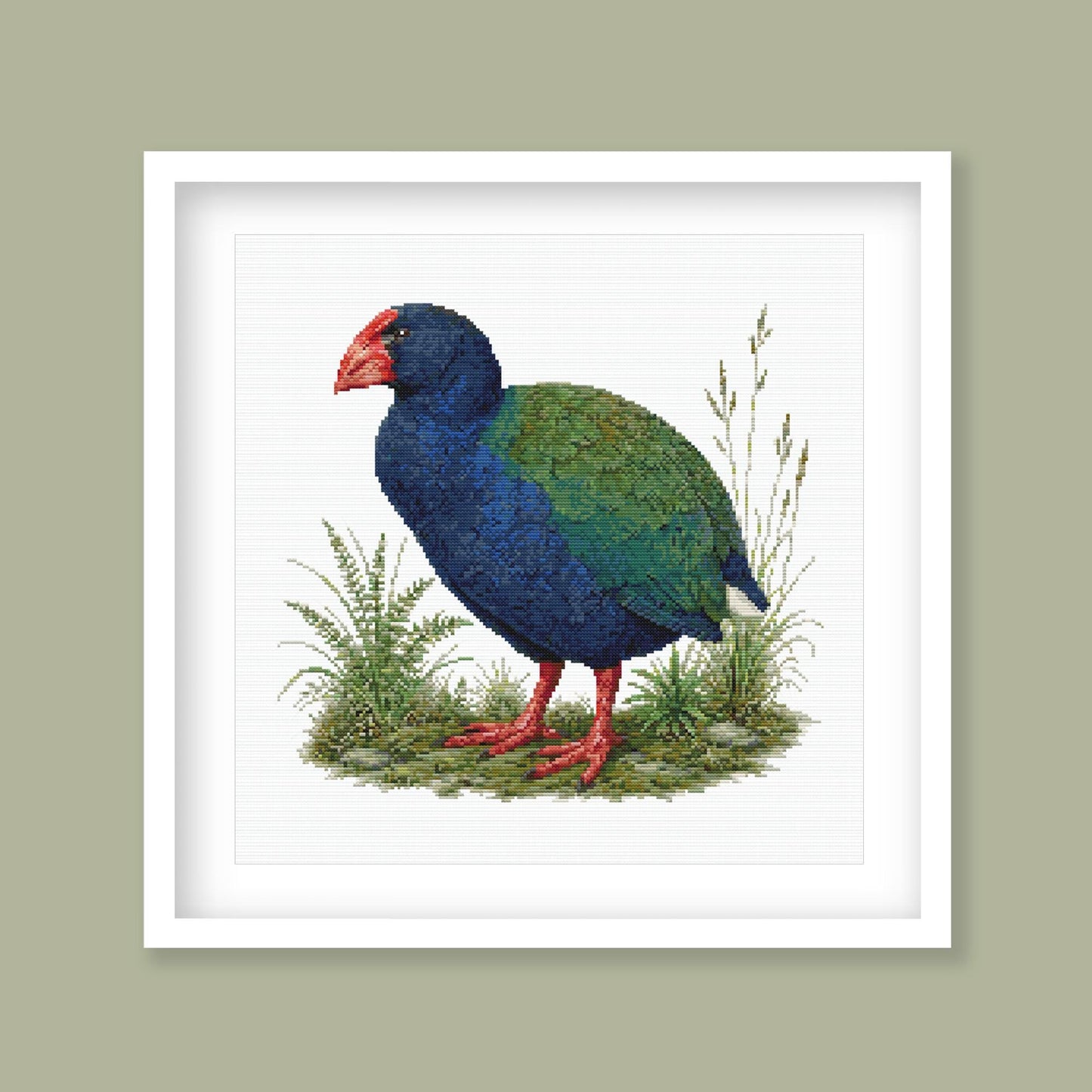Takahē Cross Stitch Pattern displayed in a green frame as native New Zealand bird wall art with colourful wildlife detail.