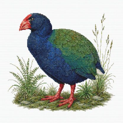 Takahē Cross Stitch Pattern featuring a native New Zealand takahē standing in grass with bold blue-green feathers and a red beak.