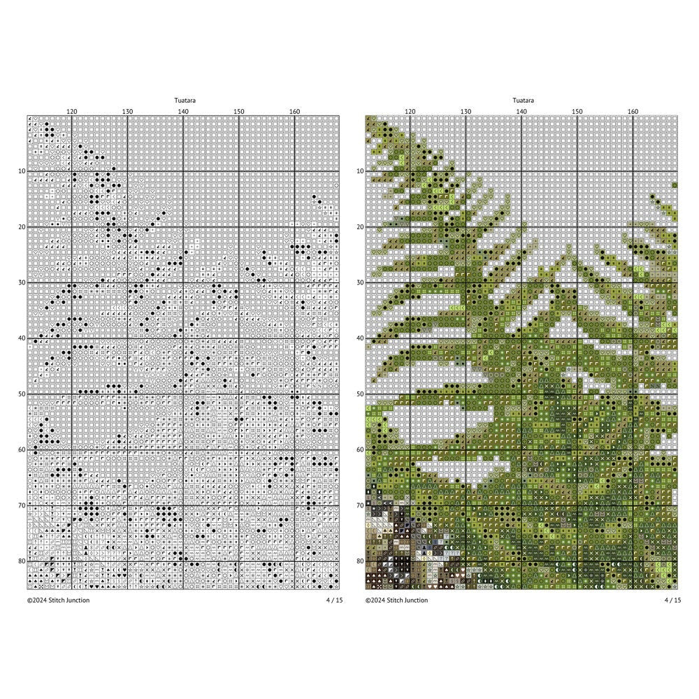 Tuatara Cross Stitch Pattern digital download chart preview with colour symbols and black-and-white symbol chart for printable counted cross stitch.