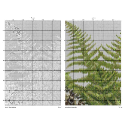 Tuatara Cross Stitch Pattern digital download chart preview with colour symbols and black-and-white symbol chart for printable counted cross stitch.