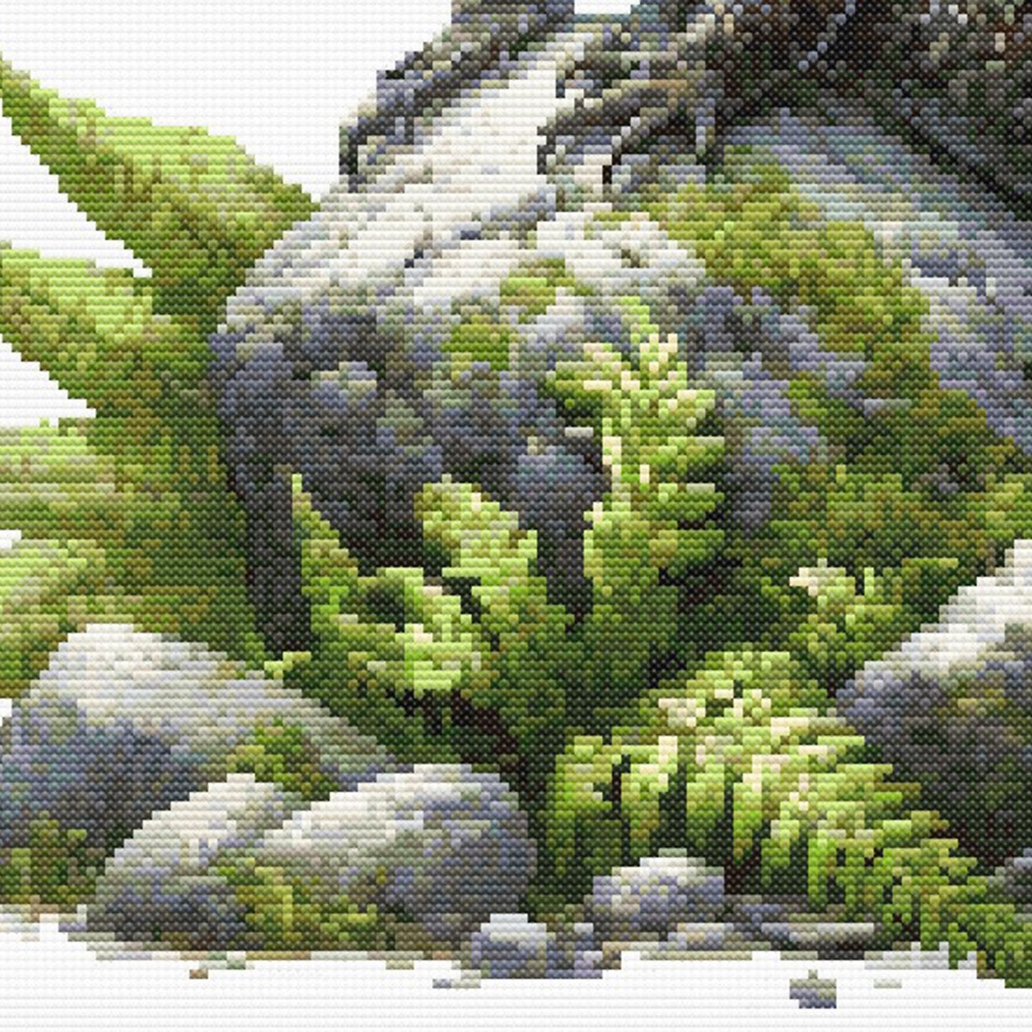 Close-up of Tuatara Cross Stitch Pattern showing the tuatara body, mossy rocks, green foliage, and natural New Zealand wildlife detail.