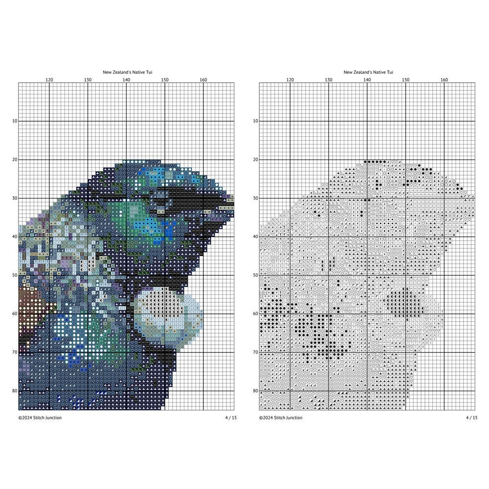 New Zealand Tui Cross Stitch Pattern digital download chart preview with colour symbols and black-and-white symbol chart.