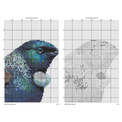 New Zealand Tui Cross Stitch Pattern digital download chart preview with colour symbols and black-and-white symbol chart.