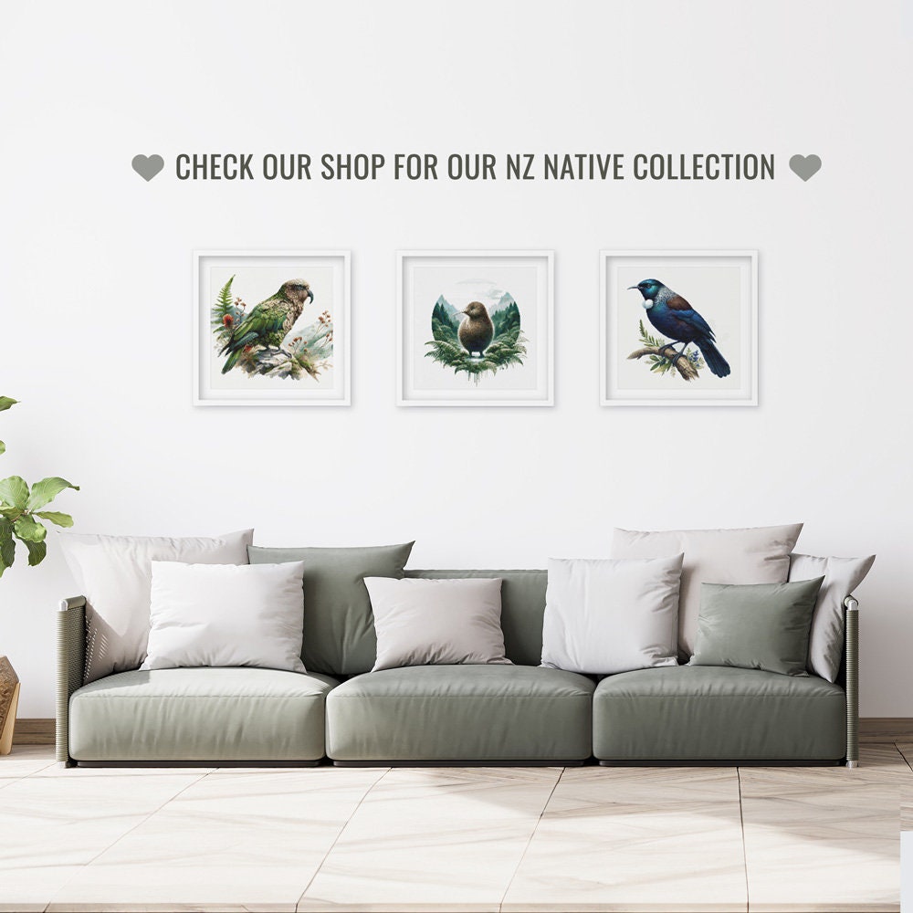 Tui Cross Stitch Pattern shown in a room preview as native New Zealand bird wall art above a neutral sofa.