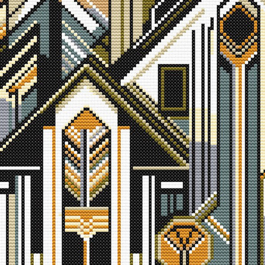 Close-up of Urban Geometry Cross Stitch Pattern showing geometric building shapes, bold linework, gold accents, and visible counted cross stitch texture.