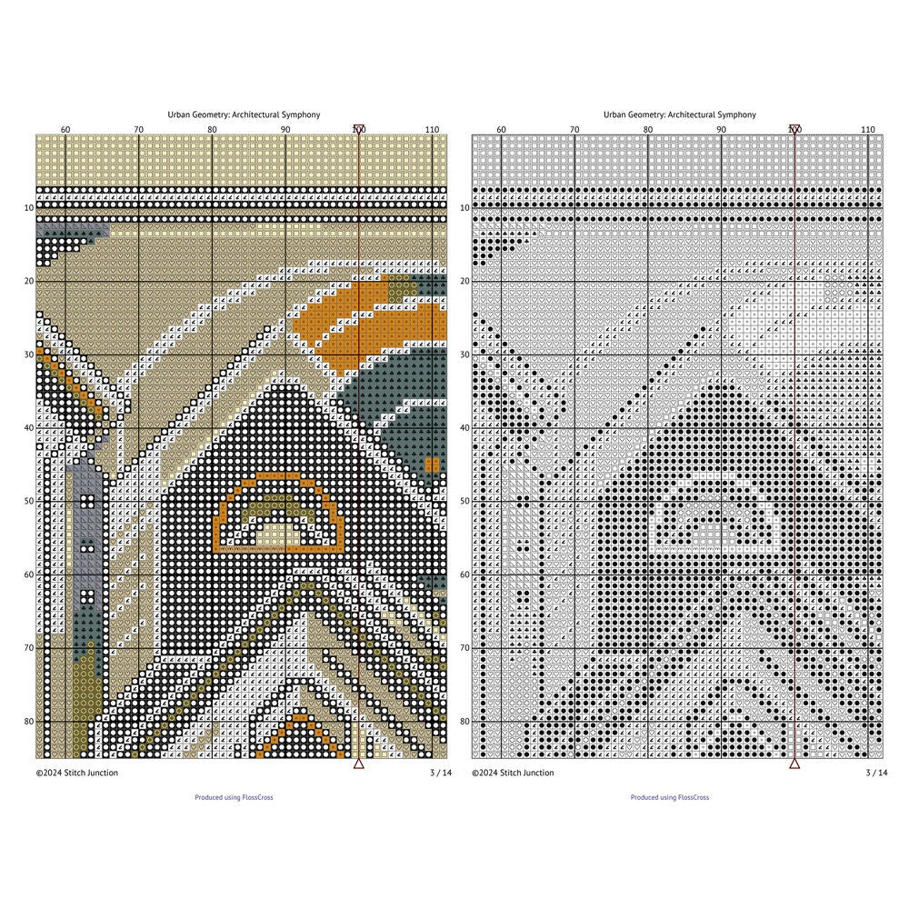 Two cross-stitch patterns with geometric designs on a white background one is colour and one is black and white