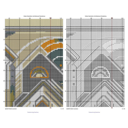 Two cross-stitch patterns with geometric designs on a white background one is colour and one is black and white
