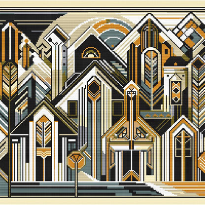 Decorative pattern with geometric shapes and lines in black, gold, and white on a beige background