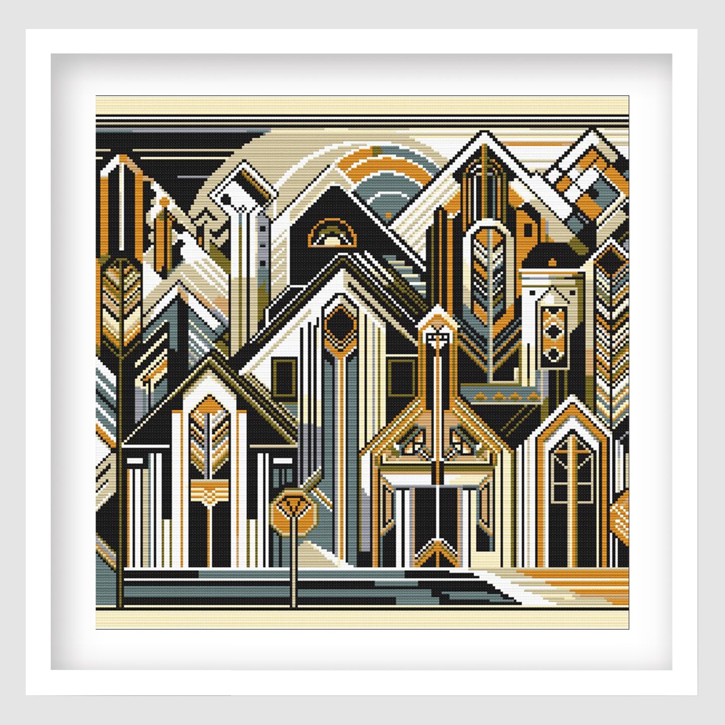 Urban Geometry Cross Stitch Pattern displayed as framed wall art with a modern geometric cityscape, bold architectural shapes, and black, gold, cream, and muted teal tones.